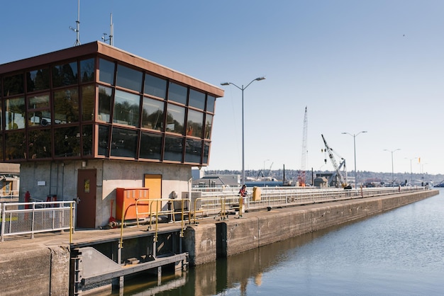 Seattle Ballard USA March 2022 View of the Hiram Chittenden Locks or Ballard Lacks a complex of looks at the west end of Salmon Bay Washingtons Lake Washington Ship Canal