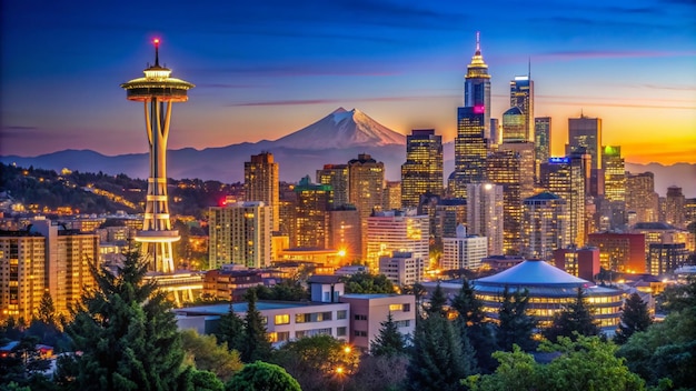 Photo seattle cityscape after sunset with city lights and blue sky mt rainier in the background