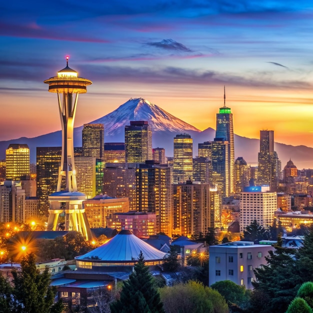 Photo seattle cityscape after sunset with city lights and blue sky mt rainier in the background