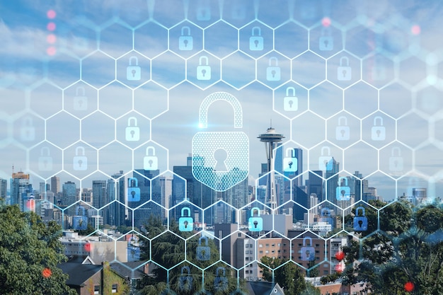 Seattle skyline panorama from Kerry Park Skyscrapers of financial downtown at day time Washington USA The concept of cyber security to protect confidential information padlock hologram