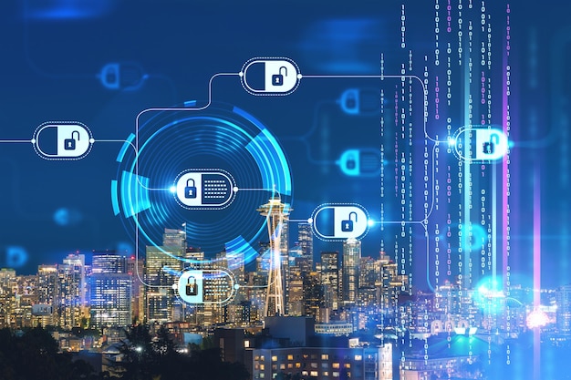 Seattle skyline panorama from Kerry Park Skyscrapers of financial downtown at night Washington USA Decentralized economy Blockchain cryptography and cryptocurrency concept hologram