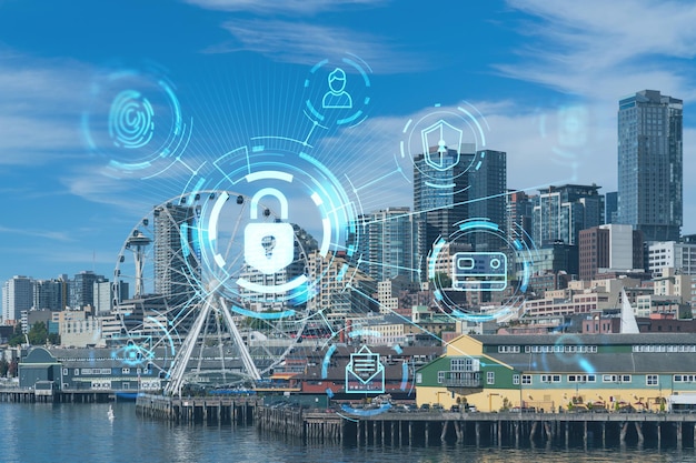 Seattle skyline with waterfront view Skyscrapers of financial downtown at day time Washington USA The concept of cyber security to protect confidential information padlock hologram