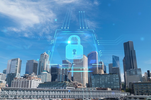 Seattle skyline with waterfront view Skyscrapers of financial downtown at day time Washington USA The concept of cyber security to protect confidential information padlock hologram