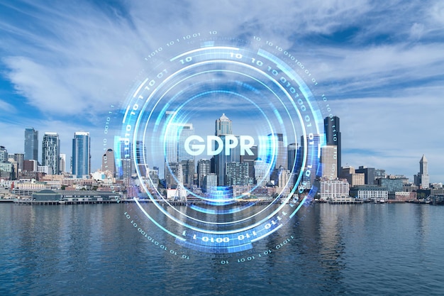 Seattle skyline with waterfront view Skyscrapers of financial downtown at day time Washington USA GDPR hologram concept of data protection regulation and privacy for all individuals