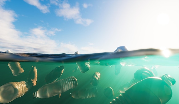 Seawater polluted with plastic bottles