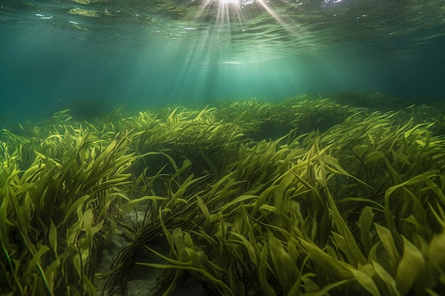 A seaweed field with the sun shining on the water