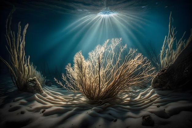 A seaweed is shown under the water.