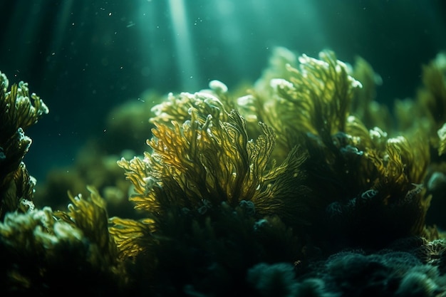 A seaweed is under water in the dark