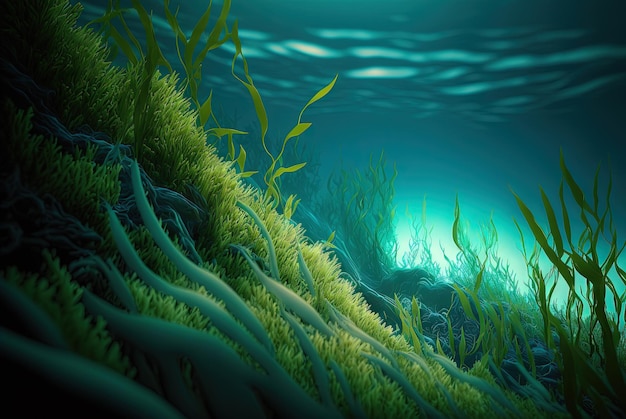 Seaweed on marine landscape Wet grass on the coast with ocean or sea around Generated AI