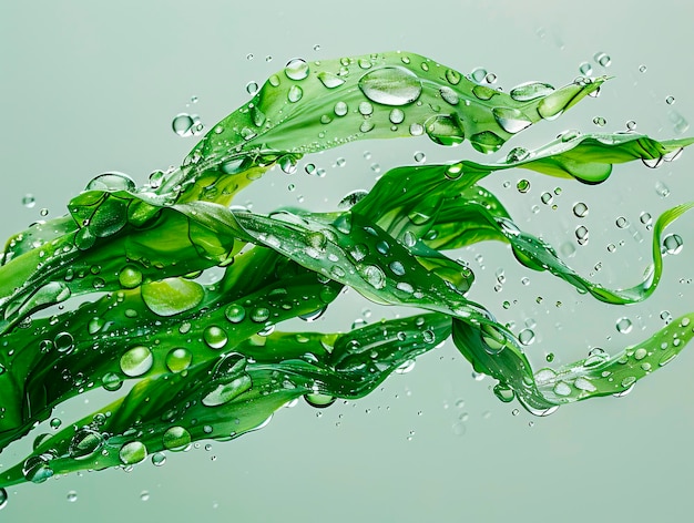 seaweed water droplets equally spaced on a light background isometric angle macro shot highly saturated colours advertising style high flash