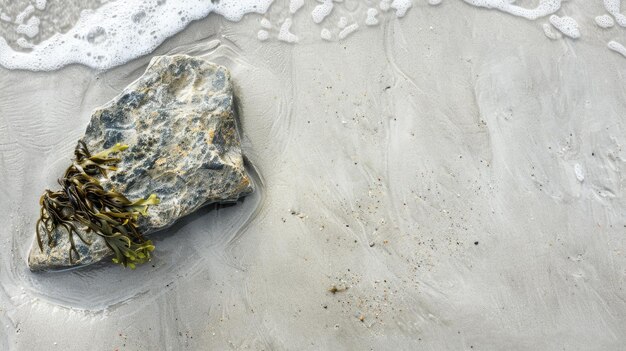 Seaweedcovered rock on wet sandy beach near shoreline with gentle waves