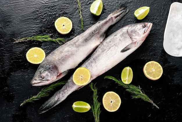 Sebastes- Sea bass female and male on a black background, top view. Whole, fresh fish, next to lemons limes rosemary