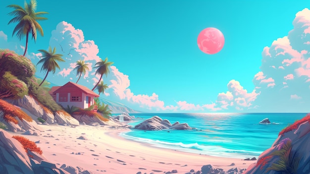 Secluded beach house with a pink moon in a stylized setting