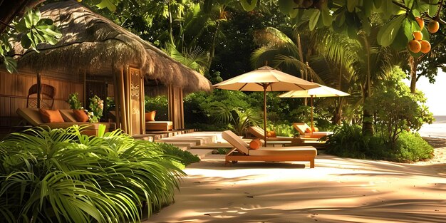 Secluded Beach Resort ThatchedRoof Huts Lush Greenery and Exotic Fruits Concept Beach Resort ThatchedRoof Huts Lush Greenery Exotic Fruits Secluded Retreat