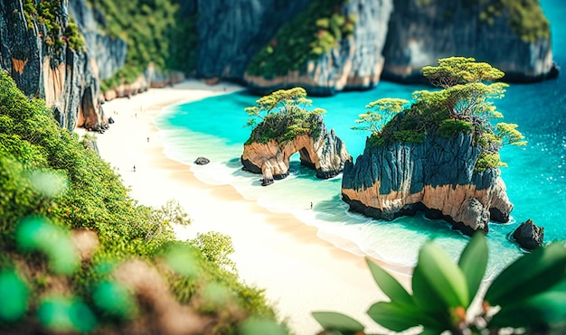 A secluded beach with powdery white sand and turquoise waters framed by towering cliffs and lush tropical greenery