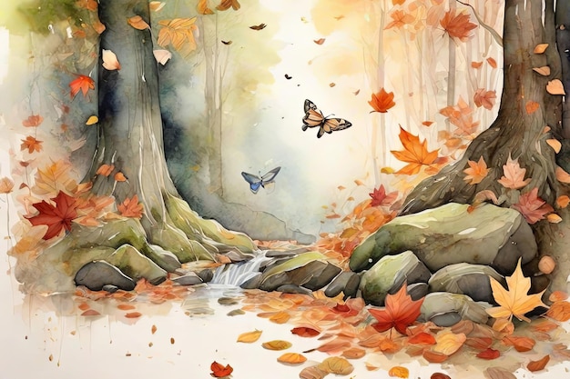 Secluded Forest Glade Autumn Morning Watercolor Illustration