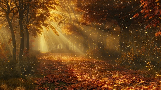 A secluded glade carpeted with autumn leaves with shafts of golden light filtering through the canopy creating a magical and serene atmosphere