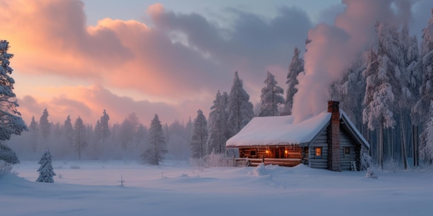 Secluded Log Cabin in Snowy Forest at Twilight Resplendent