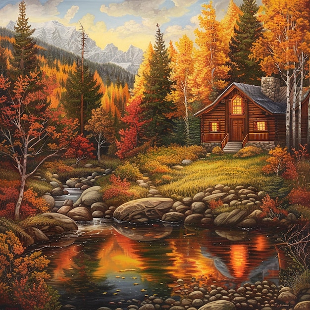 A secluded mountain cabin surrounded by autumn foliage