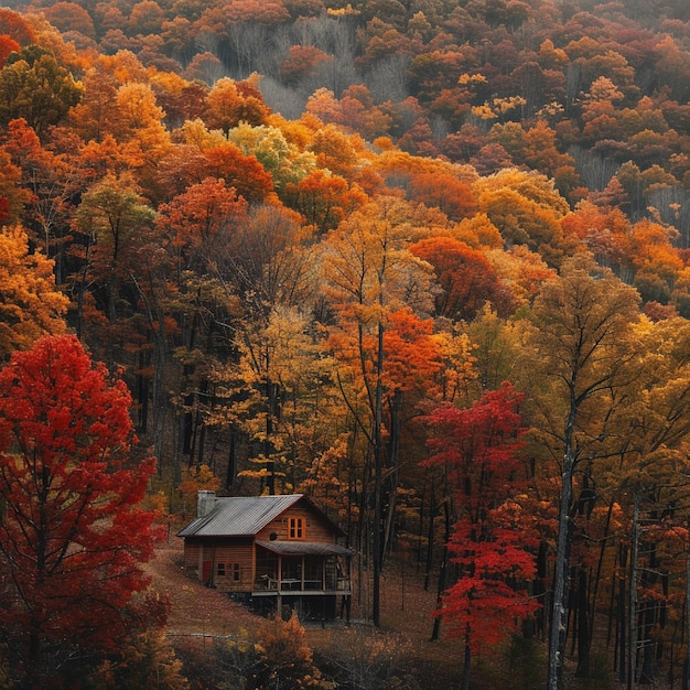 A secluded mountain cabin surrounded by autumn foliage