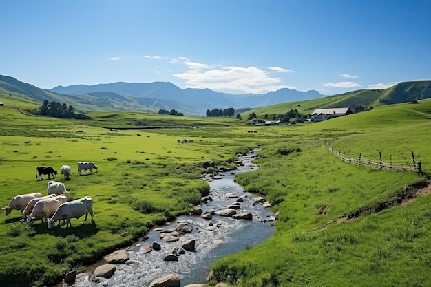 Secluded organic meadow where cows graze amidst pristine nature free from the use of chemicals and pesticides Generative AI