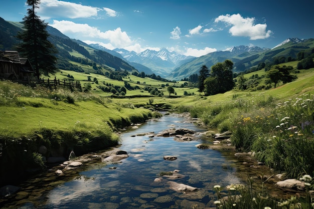 Secluded organic meadow where cows graze amidst pristine nature free from the use of chemicals and pesticides Generative AI