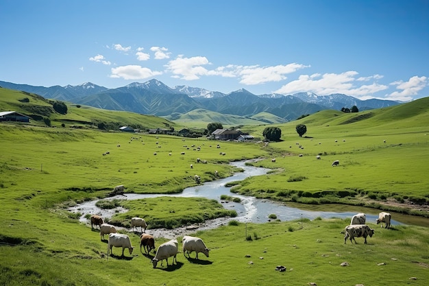 Secluded organic meadow where cows graze amidst pristine nature free from the use of chemicals and pesticides Generative AI