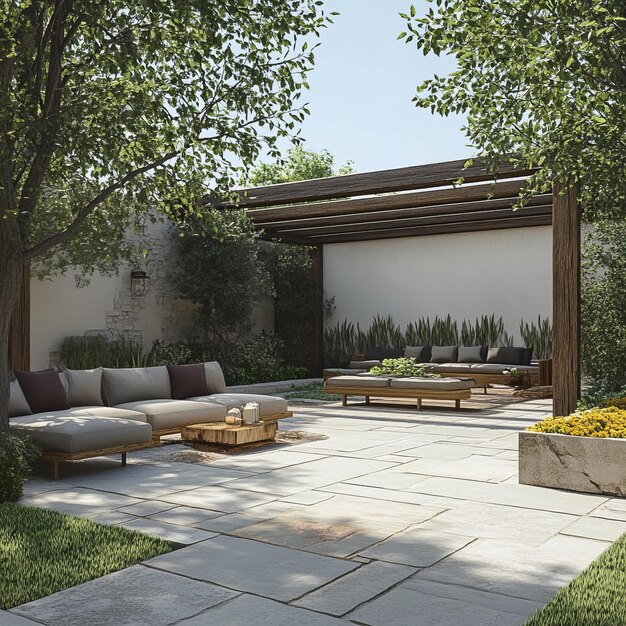 Photo secluded patio with a wooden pergola stone pavers and a couch