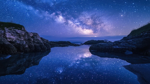 Photo secluded tidal pool reflecting a galaxy of stars at night