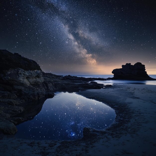 Photo secluded tidal pool reflecting a galaxy of stars at night