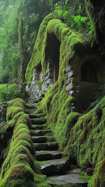 Photo secluded village nestled in a deep mosscovered hollow