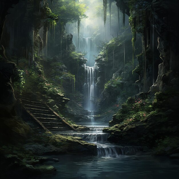 A secluded waterfall hidden in the forest cascading over rocks