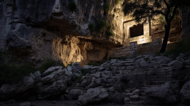 Secret cave under Athens Acropolis holding ancient secrets and illuminated by torchlight