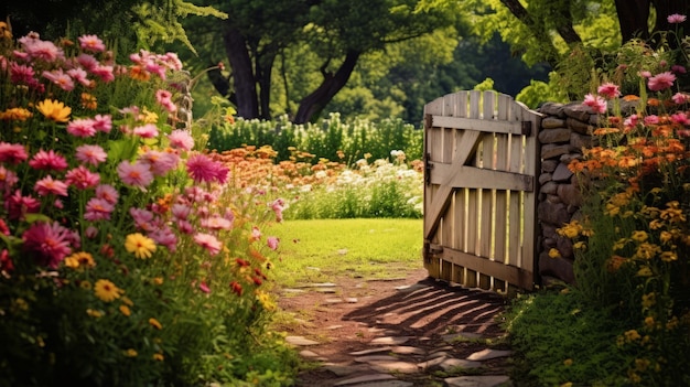 A secret garden gate surrounded by wildflowers