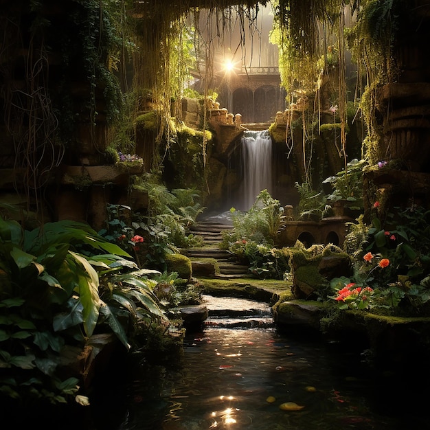 A secret garden hidden behind a waterfall