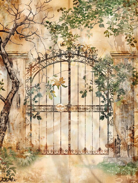 Secret Garden Paper beautiful antique Vintage old page scrapbooking junk journalBackdrop with