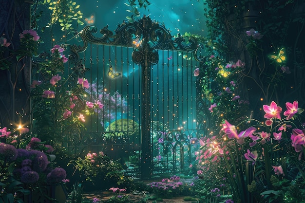 Secret Garden with Fireflies and Exotic Flowers