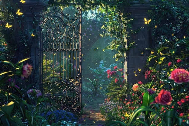 Secret Garden with Fireflies and Exotic Flowers