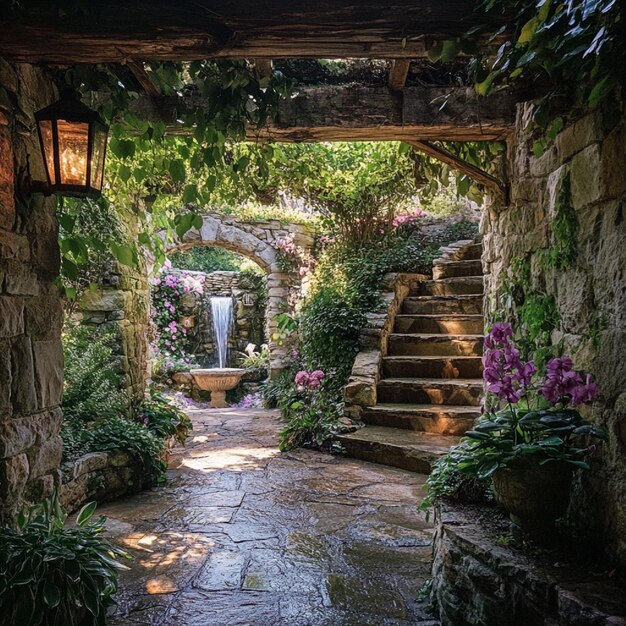 Secret garden with a magical grotto hidden treasures within