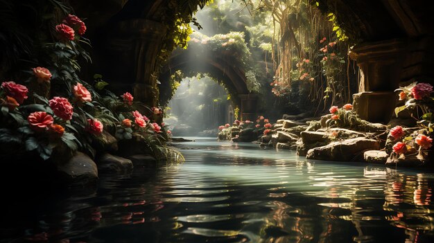 Photo secret hidden waterfall surrounded by lush greenery and flowers generative ai