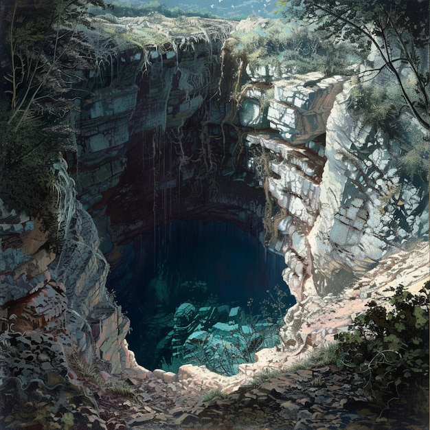 A secret sinkhole entrance prompting an underground world