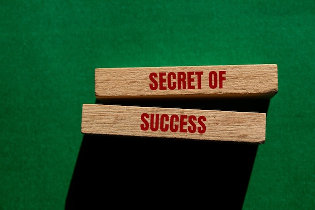 Photo secret of success message written on wooden blocks on green background conceptual secret of success symbol copy space