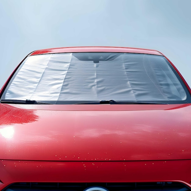 Section of the front of a red vehicle and its front windscreen bonnet and wipers