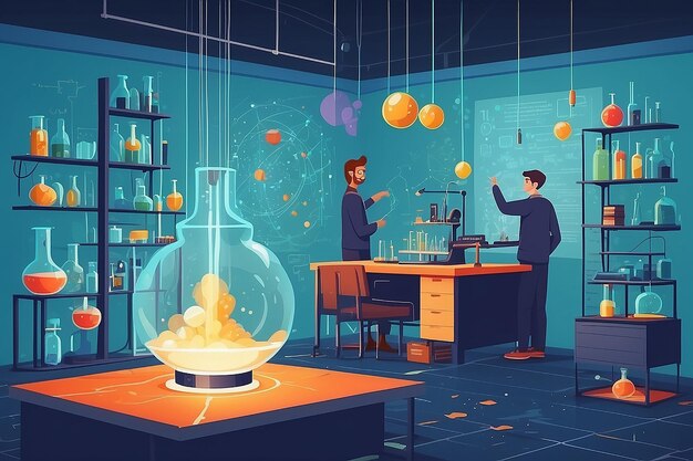 a section of the lab with students conducting experiments on the behavior of subatomic particles vector illustration in flat style