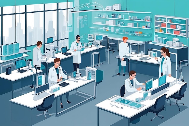 a section of the lab with students designing and testing prototypes for medical devices vector illustration in flat style