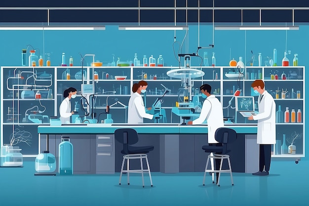 a section of the lab with students using CRISPR technology for genetic modification experiments vector illustration in flat style