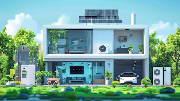 Sectional view of a smart home with fans and solar panel on rooftop water saving bathroom on second