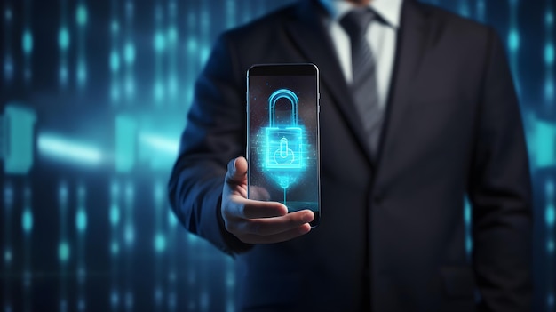 Secure Business Communications Cybersecurity Concept with Businessman Using Smartphone