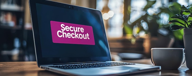 Photo secure checkout concept on laptop screen with copy space for text ecommerce platform protection symbol