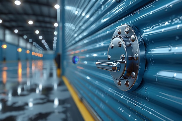 Photo secure code lock on storage container with roller shutters for warehouse protection